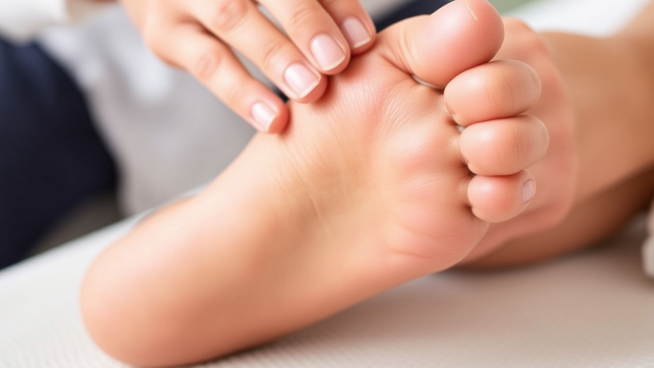 Therapist massaging foot reflexology points showing foot massage benefits.