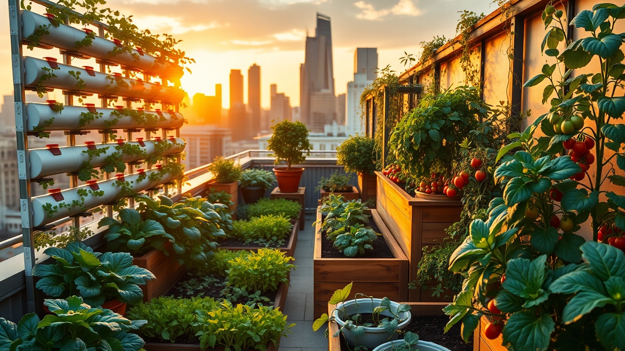 A lush, sustainable rooftop garden in a city setting with vertical farming systems and organic vegetables.