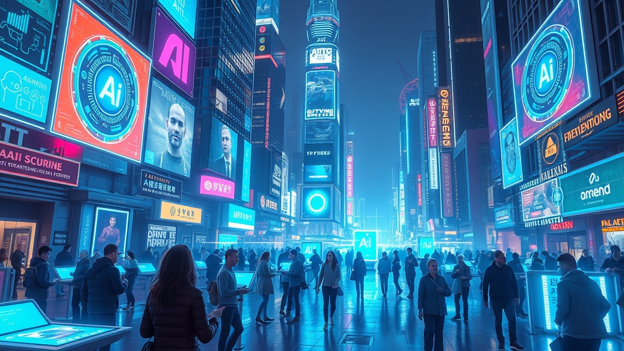 Futuristic cityscape showcasing AI interfaces and diverse human interaction