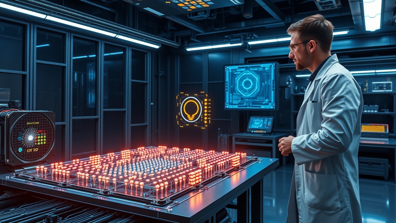 Quantum computer prototype with glowing qubits in a laboratory setting