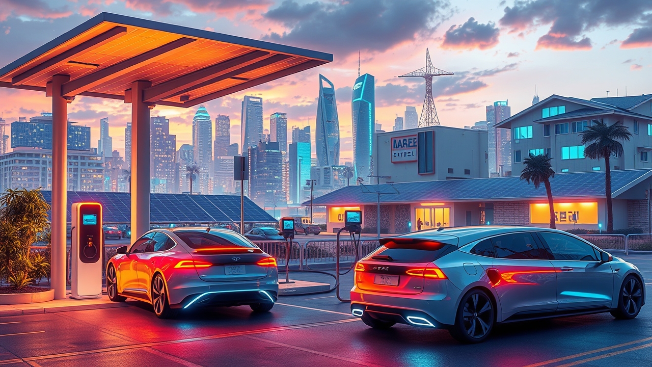Electric cars charging at a solar-powered station in a futuristic cityscape