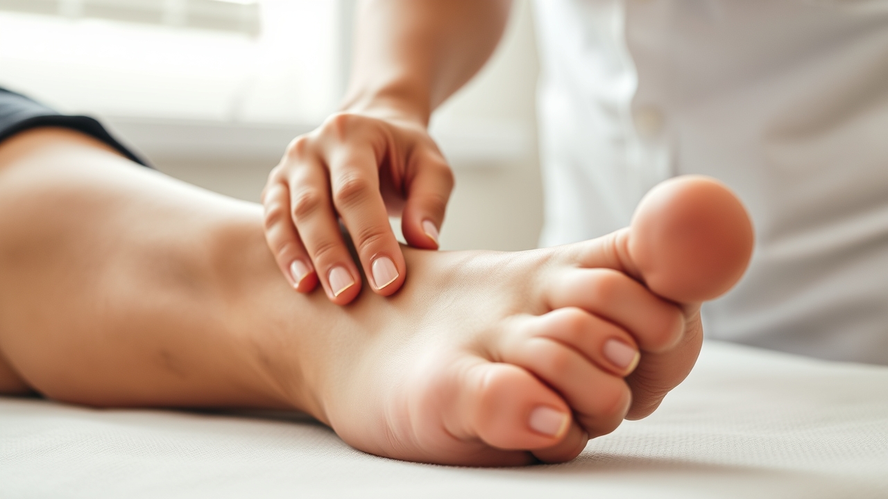 A professional therapist using a foot reflexology chart to locate pressure points.